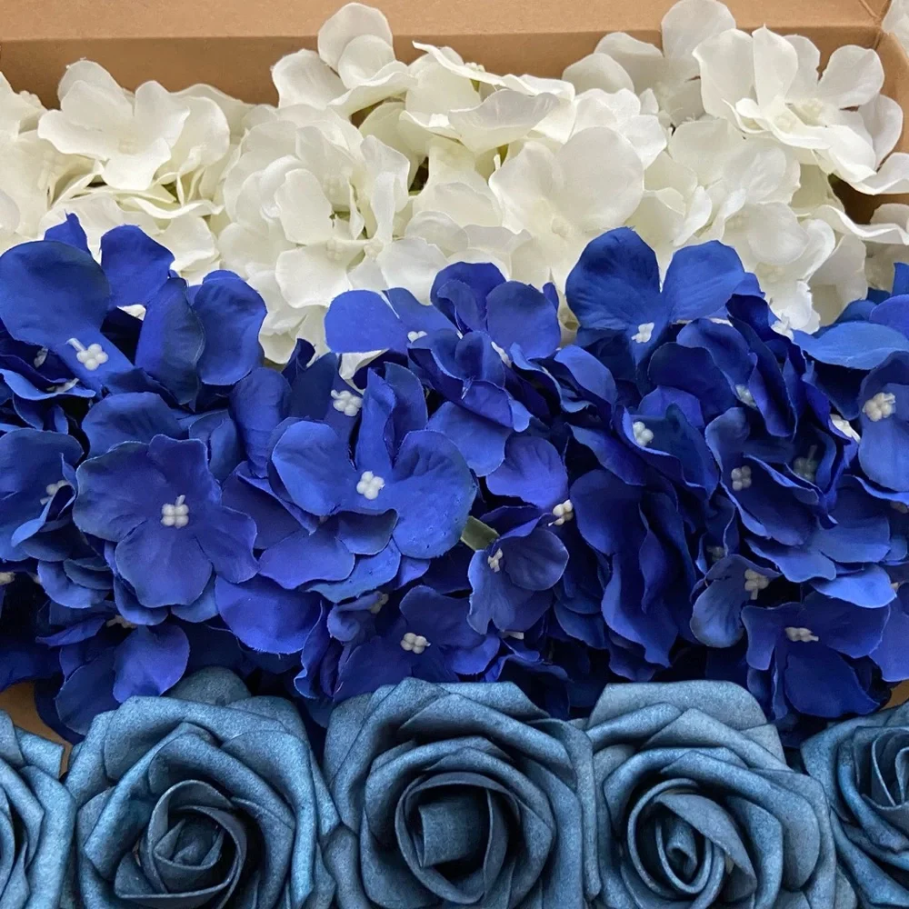 15 count | White Royal & Dusty Blue Hydrangeas Roses Bouquet Wedding Centerpiece